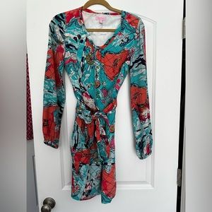 Lilly Pulitzer size 4 silk long sleeve map print tie dress EUC